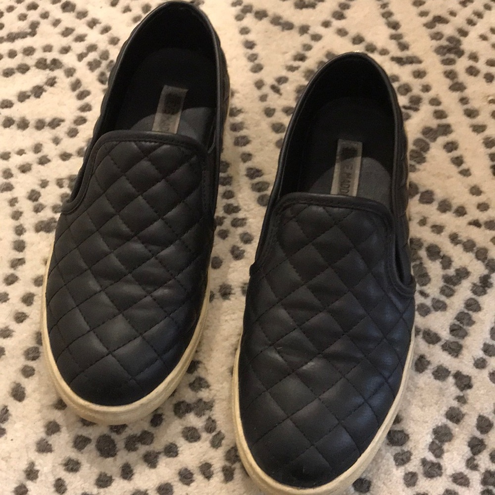 Black faux leather quilted slip on sneakers
